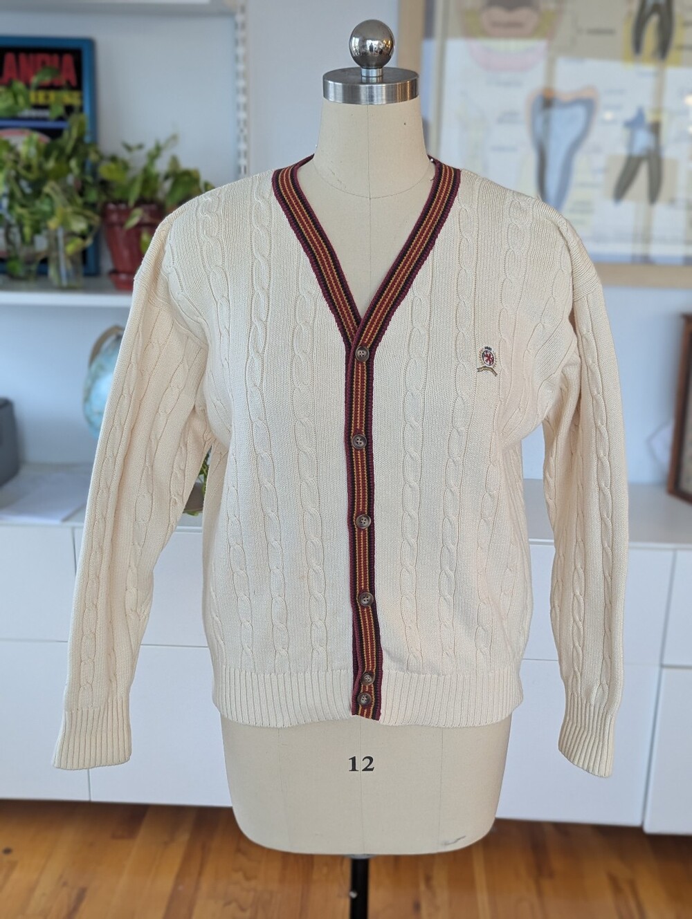 Vintage 90s Tommy Hilfiger Cable Knit Varsity Cardigan Sweater XL